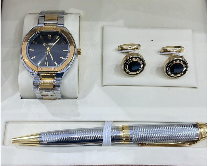 A gift set for men consisting of a wristwatch, a pair of cufflinks, and a ballpoint pen.